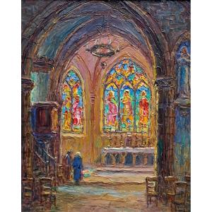 Victor Louis Cuguen (1882-1969) Int&eacute;rieur de l&#039;&eacute;glise de Blainville dans la manche