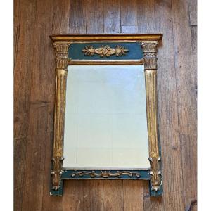 Petit miroir de cheminée de style Louis XVI directoire en bois doré et laqué