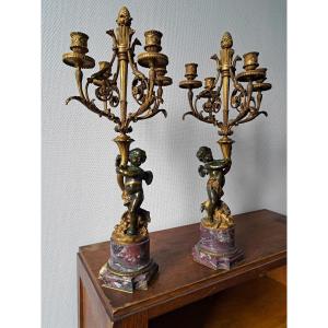 Pair Of Bronze Candelabra With Cupids Signed Oudry Fonte Susse Frères