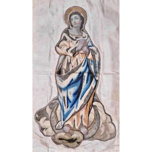 Bannière de procession ou tenture de soie brodée "vierge immaculée" 