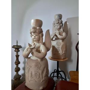 Pair Of Female Clay Statues Representing Angels 