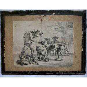 Dutch School Drawing Early 19th The Hound With Dogs