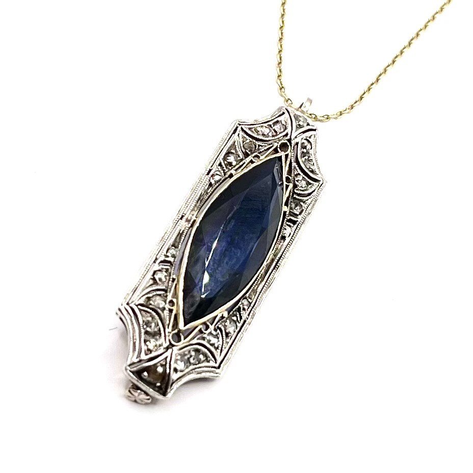 0250. Art Deco Pendant - Brooch With Diamonds And Blue Sapphire-photo-3
