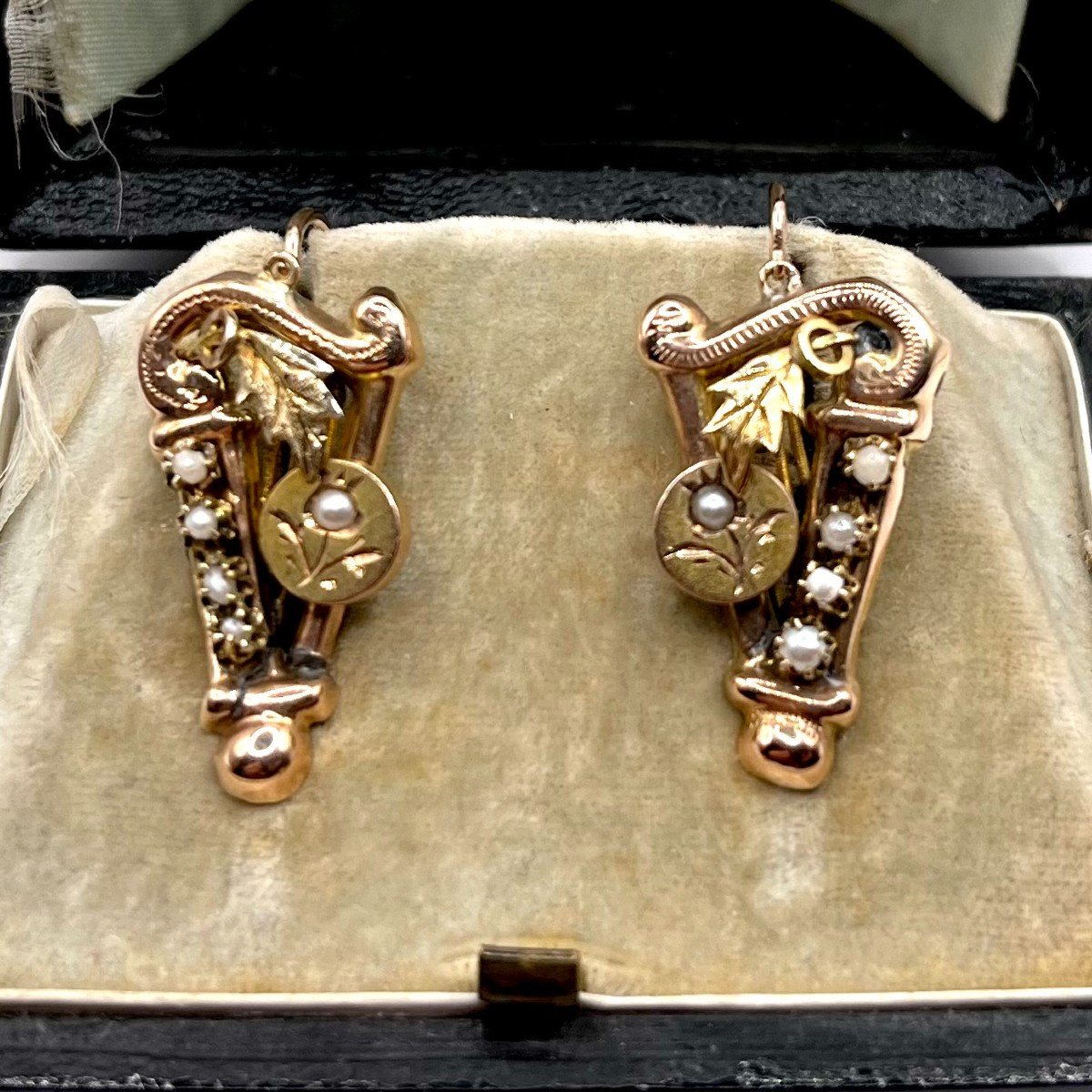 4341. Biedermeier Gold Earrings With Pearls-photo-3