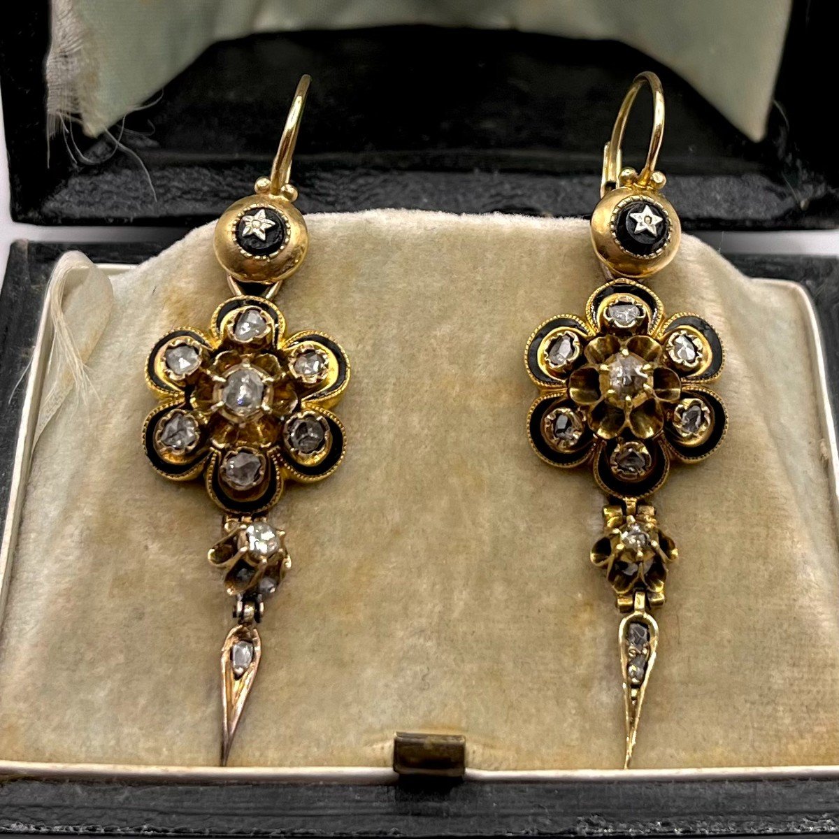 4022. Boucles d'Oreilles Biedermeier En Or Avec Diamants Et émail-photo-5