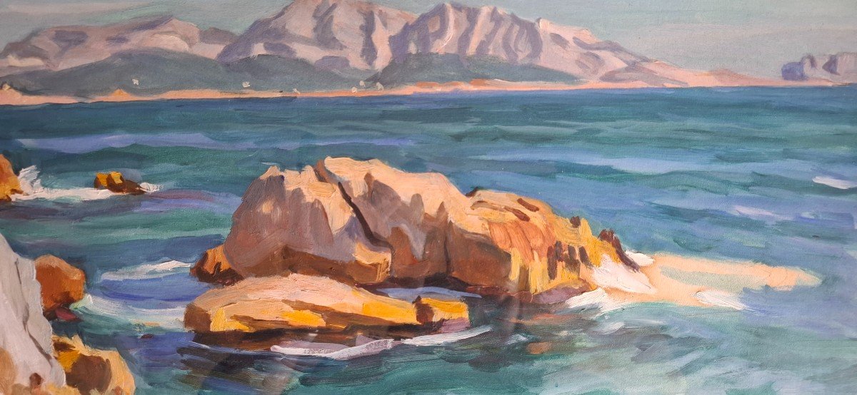 Painting By Mr Edmond Astruc, Mediterranean Coastal Landscape.-photo-4