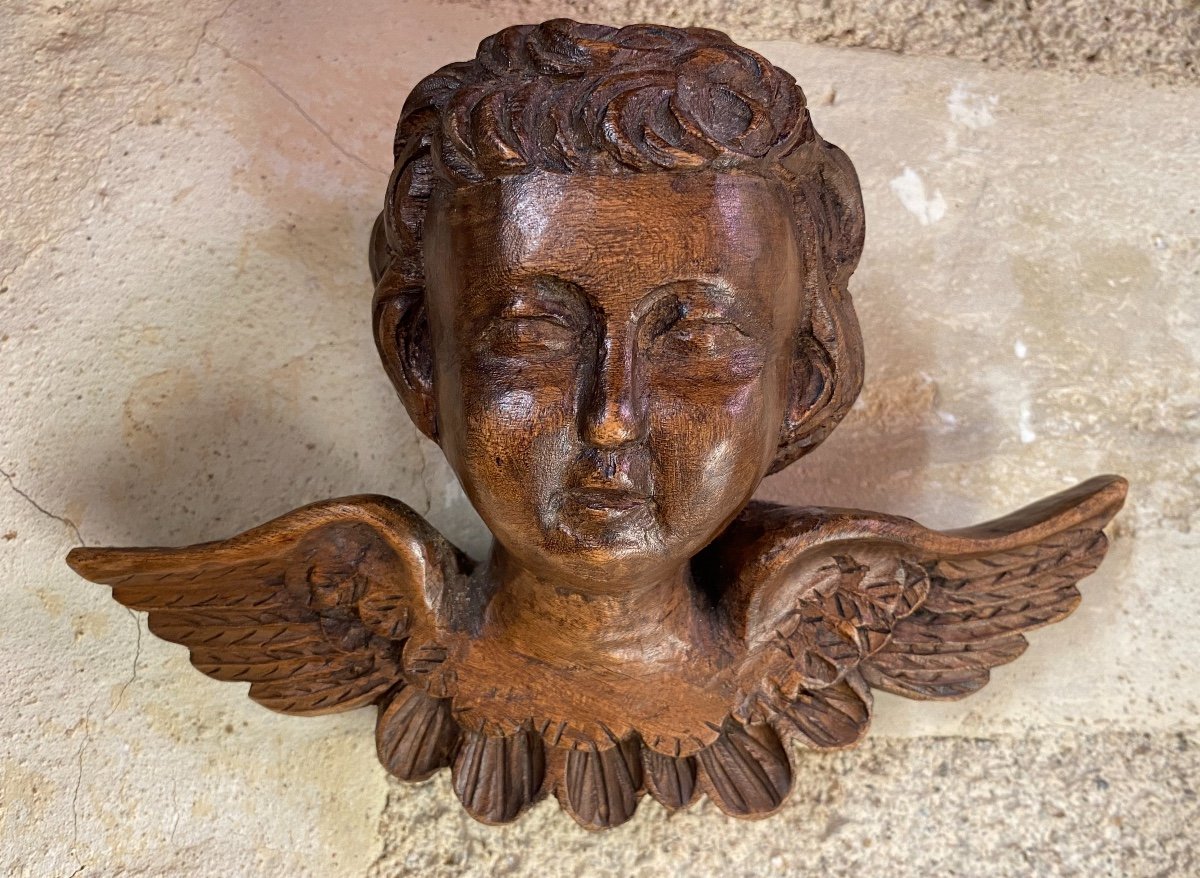 Tête d'Ange En Bois Sculpté, XIXème