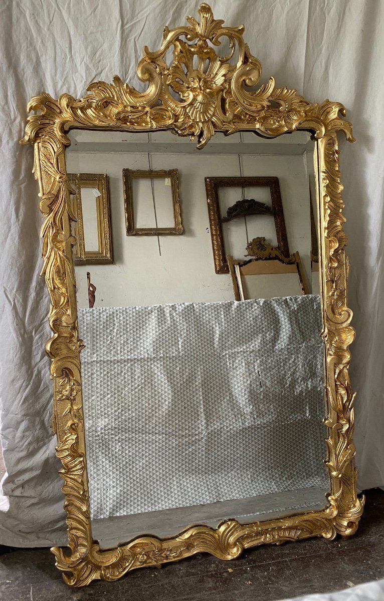 Golden Wood Mirror With Pediment, 19th Century, 147 X 92 Cm-photo-2