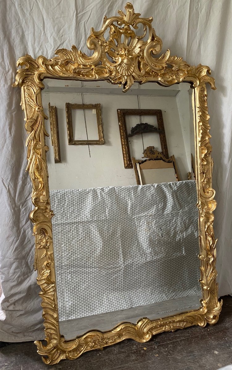 Golden Wood Mirror With Pediment, 19th Century, 147 X 92 Cm