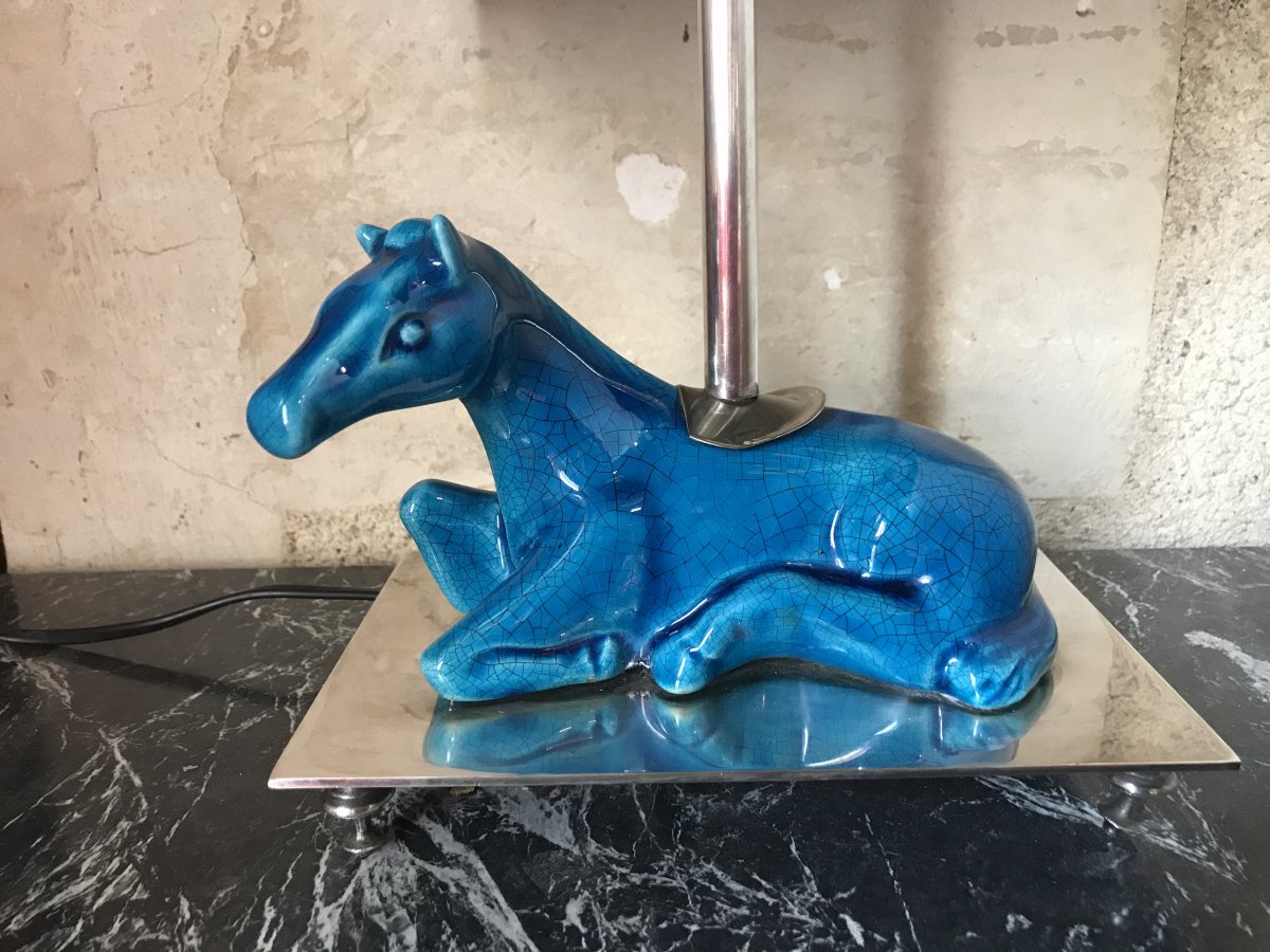 Horse Lamp In Cracked Blue Ceramic, Middle Twentieth-photo-4