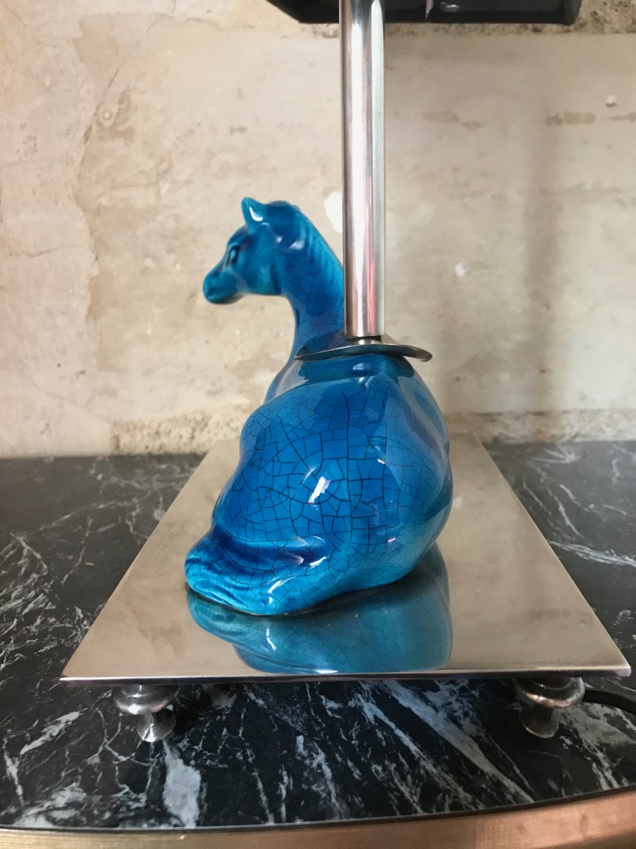 Horse Lamp In Cracked Blue Ceramic, Middle Twentieth-photo-4