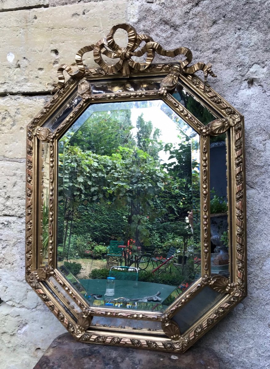 Miroir Octogonal à parecloses Doré à La Feuille d'Or XIXème, 115 X 83 Cm-photo-2