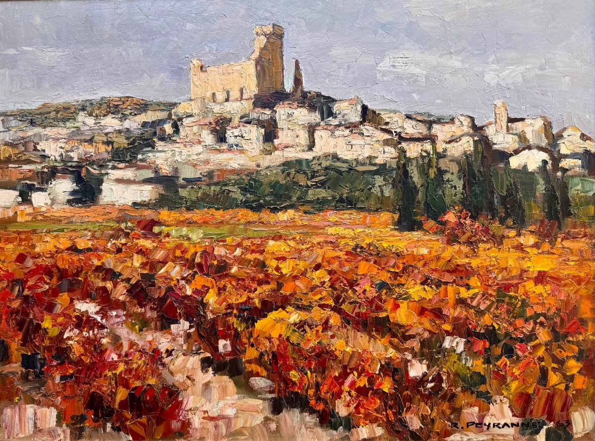 René Peyranne (1910-1985)-avignon Orange  Les Vignes En Automne à Chateauneuf Du Pape