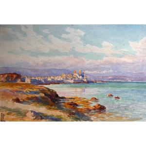 Louis Azaïs (19th-20th Century) View Of Antibes By The Curator Of The Goya Museum In Castres