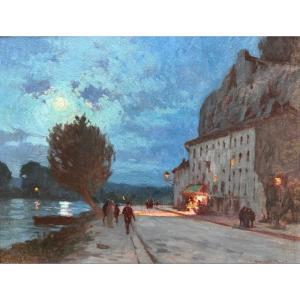 Hyacinthe Royet (1862-1926) Paris Provence Avignon Effet Nocturne Quai De La Ligne &agrave; Avignon