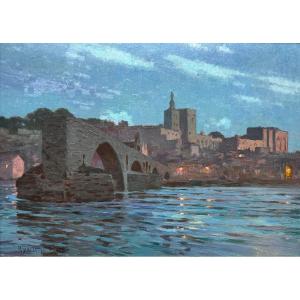 Hyacinthe Royet (1862-1926) Paris Provence Avignon Effet Nocturne Pont Saint-Bénézet