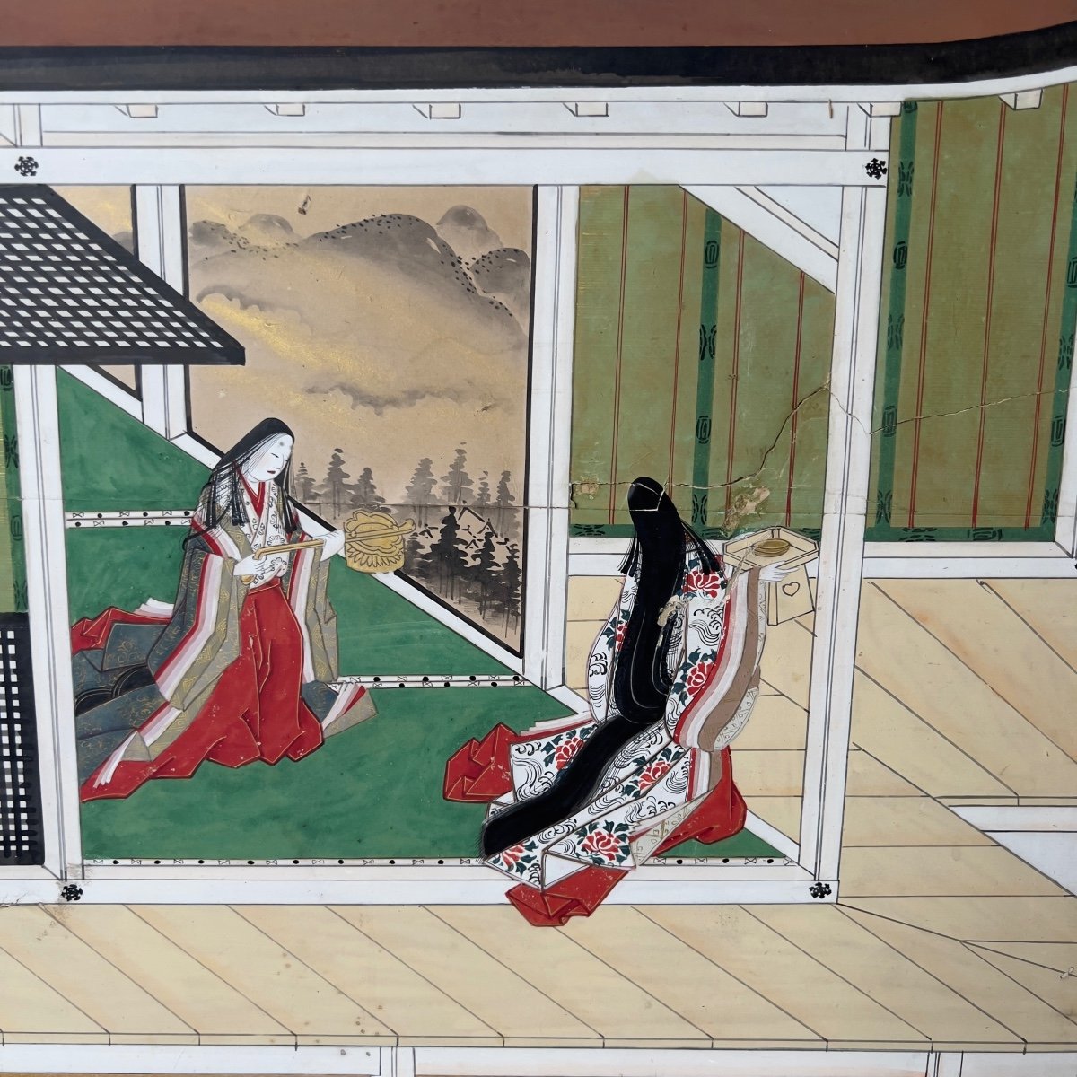 Paravent Japonais , Le Dit Du Genji, Japon époque Edo Début 19e-photo-3