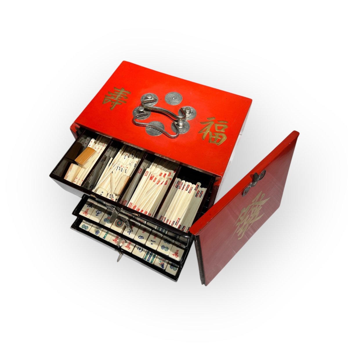 China, Antique Complete Mah-jong Set In Vermilion Lacquer Case Circa 1920-photo-3