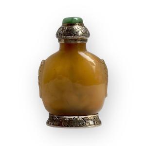 China, Agate Snuff Bottle, 19th Century, Silver Mounting From Maison Maquet Circa 1930