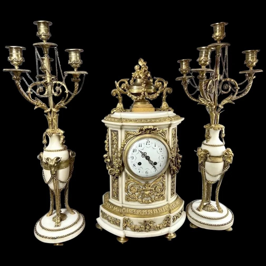 Exquisite Louis XVI French Marble And Bronze Fireplace Set, Mid-19th Century 1855