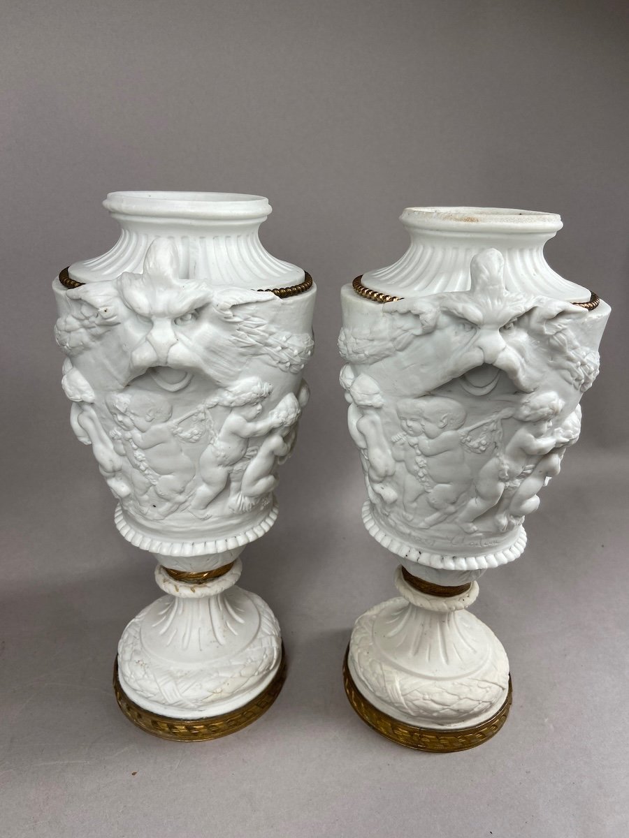 Exquisite Pairs Of 19th Century Sèvres Biscuit Vases - Casolettes By Clodion-photo-3