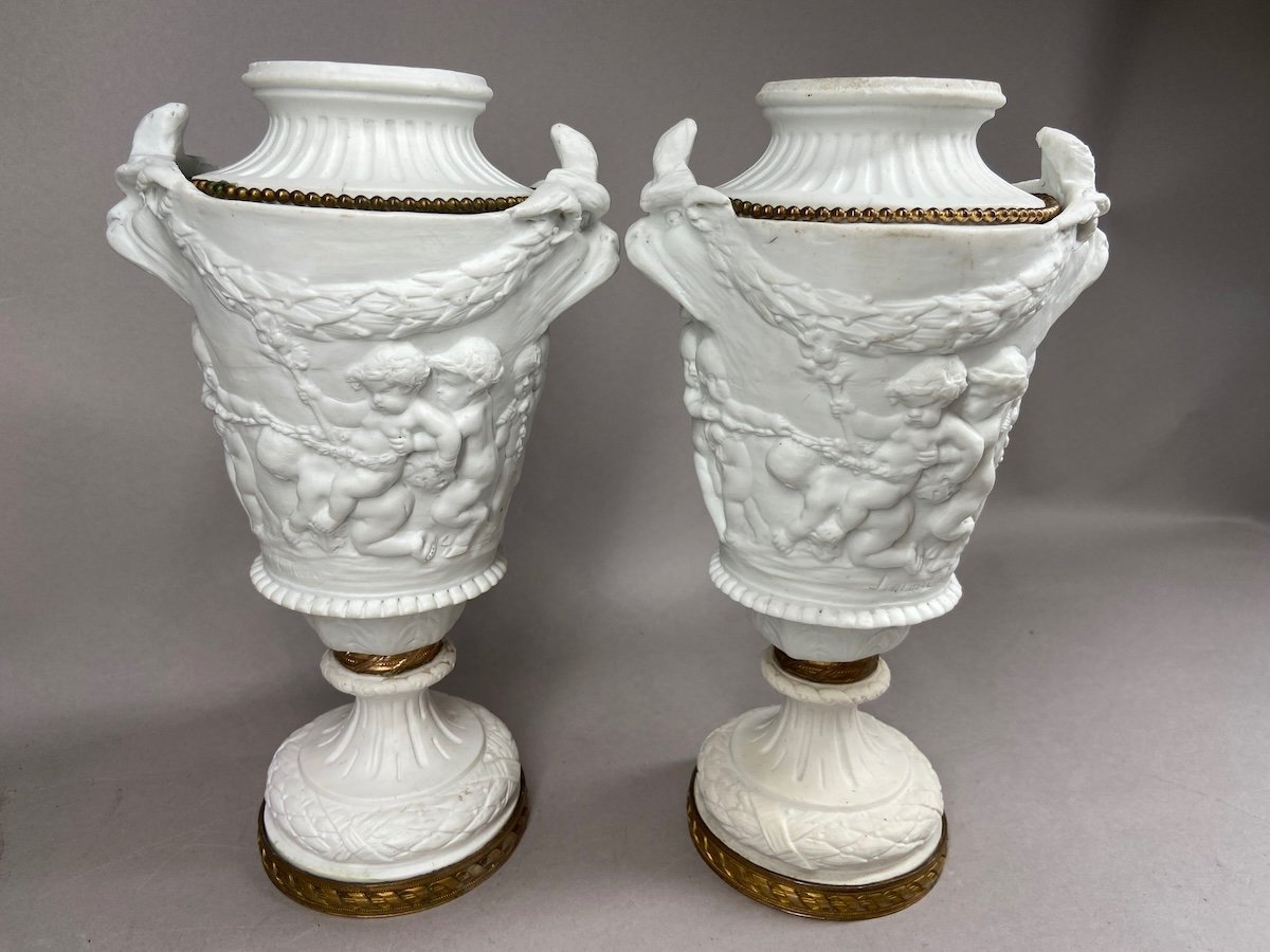 Exquises Paires De Vases Biscuit De Sèvres Du XIXe Siècle - Casolettes Par Clodion-photo-7