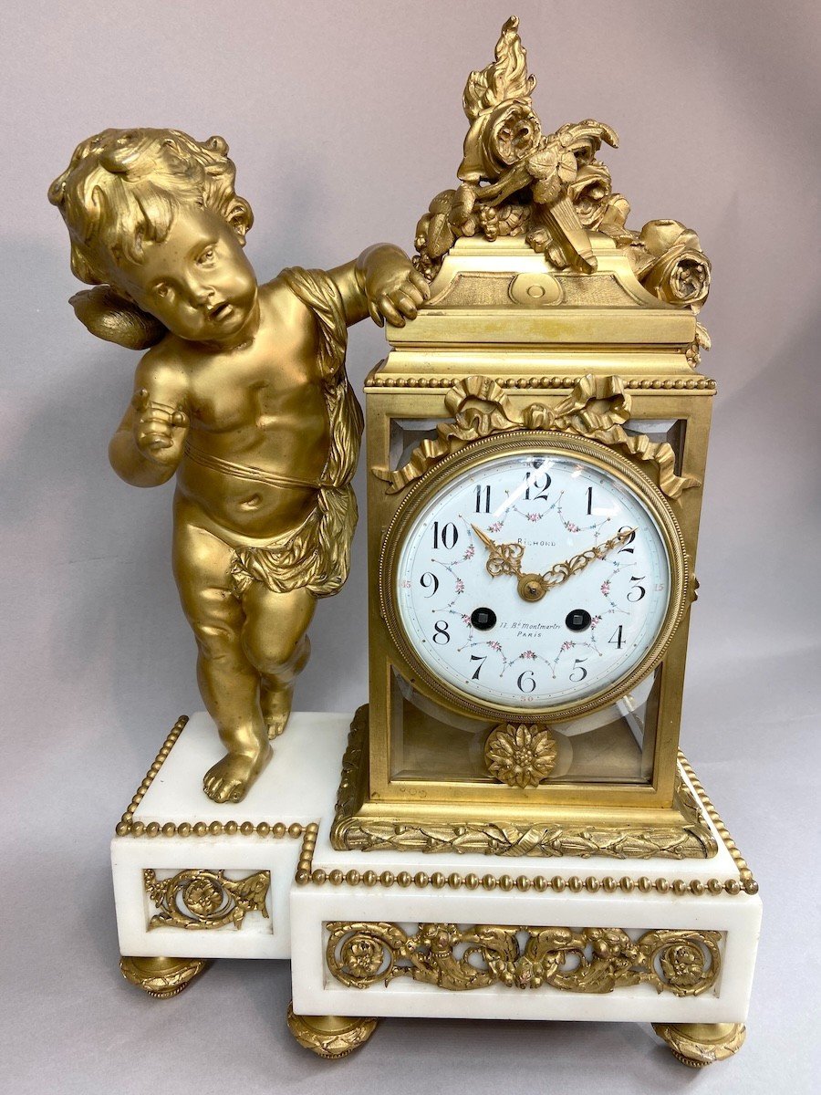 French Louis XVI Chimney Clock Set With Two Candelabras, Marble And Bronze, Circa 1900-photo-2