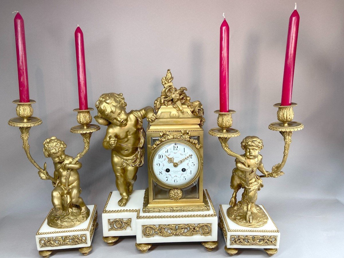 French Louis XVI Chimney Clock Set With Two Candelabras, Marble And Bronze, Circa 1900-photo-4