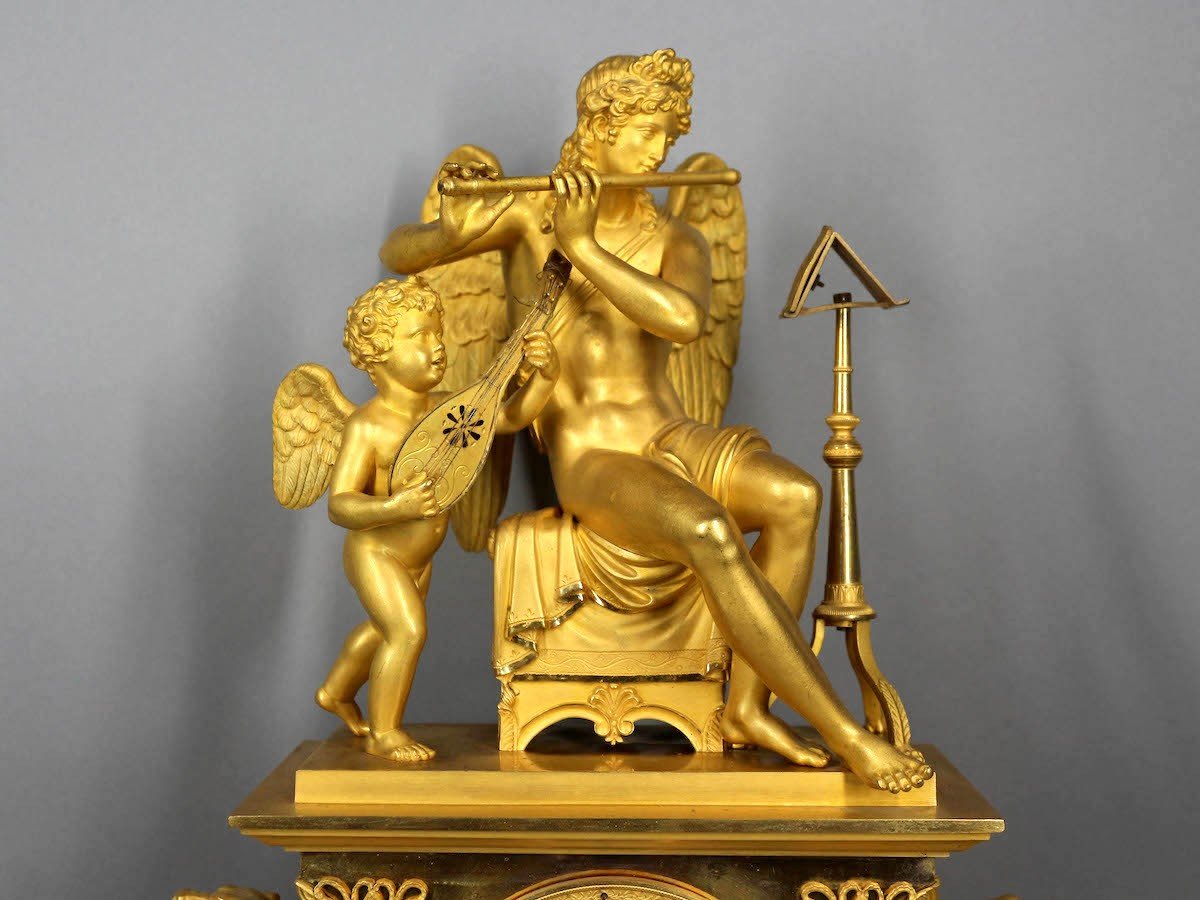 Horloge de cheminée Empire en bronze du début du XIXe siècle (1810)  avec Apollon et Orphée-photo-2