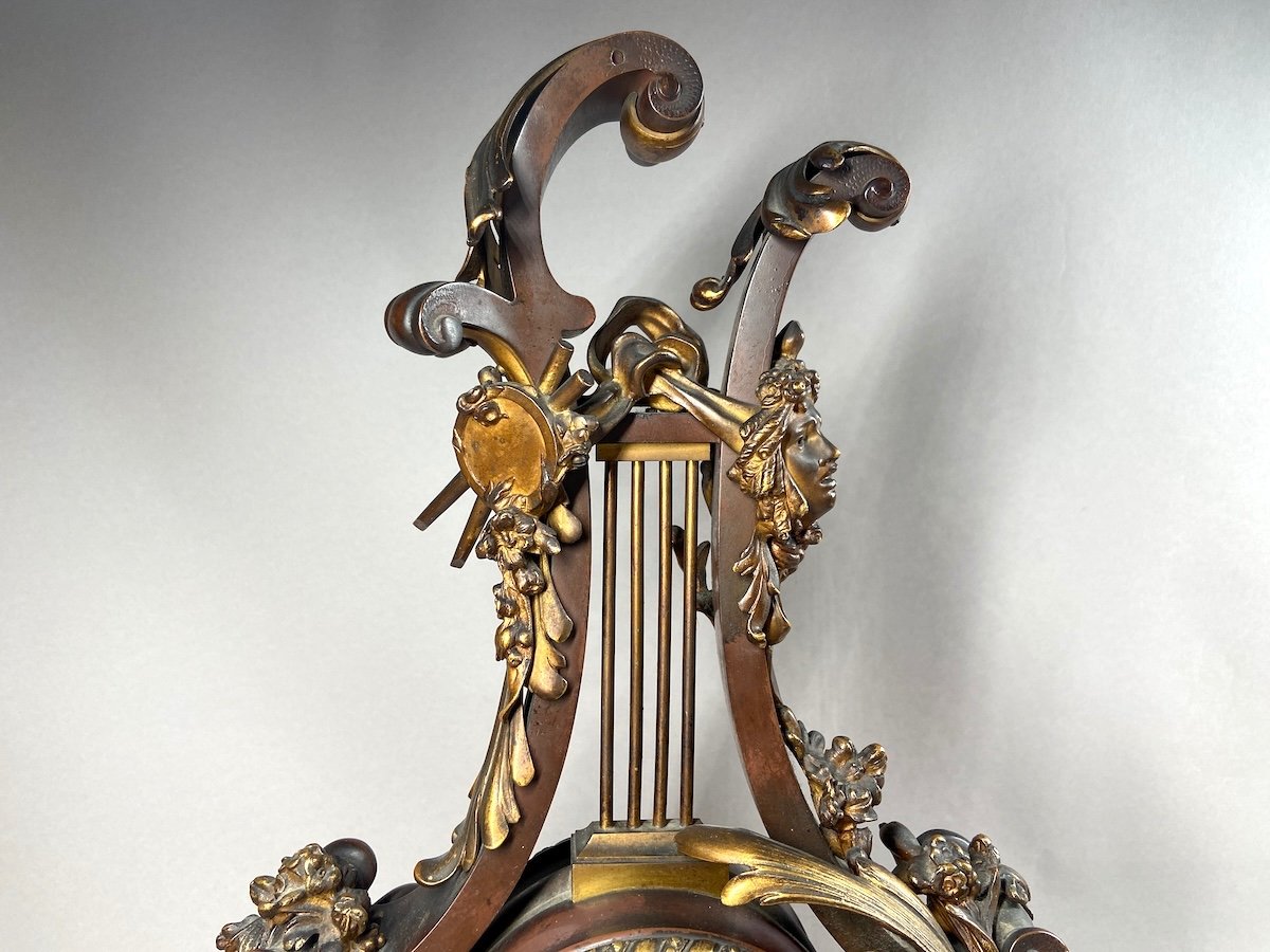 Antique Bronze Lyre Clock From The 19th Century (1840-1860) With Original Patina And Marble Base-photo-3