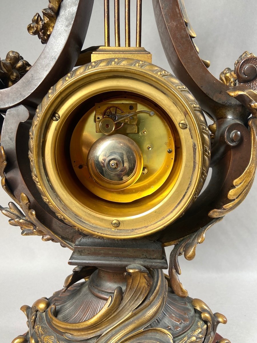 Antique Bronze Lyre Clock From The 19th Century (1840-1860) With Original Patina And Marble Base-photo-1