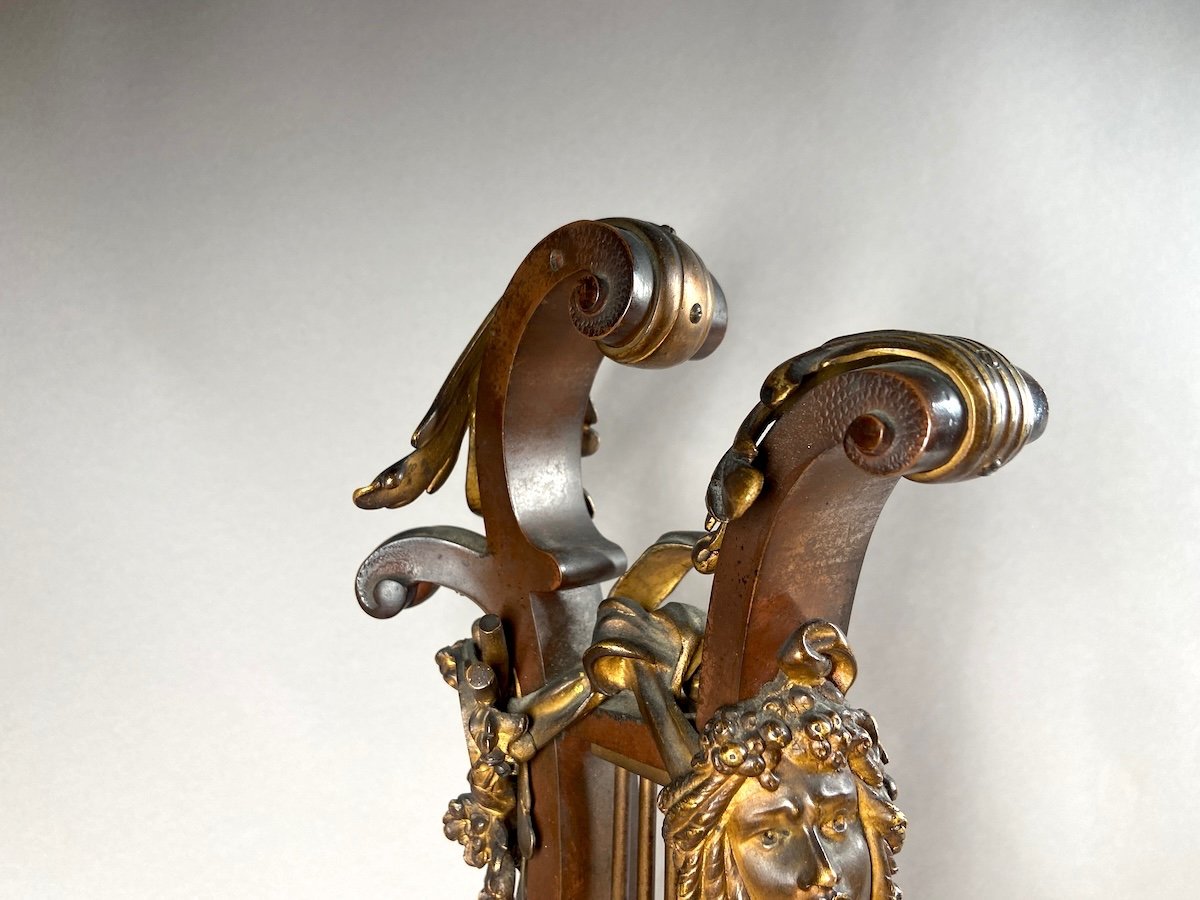 Antique Bronze Lyre Clock From The 19th Century (1840-1860) With Original Patina And Marble Base-photo-5