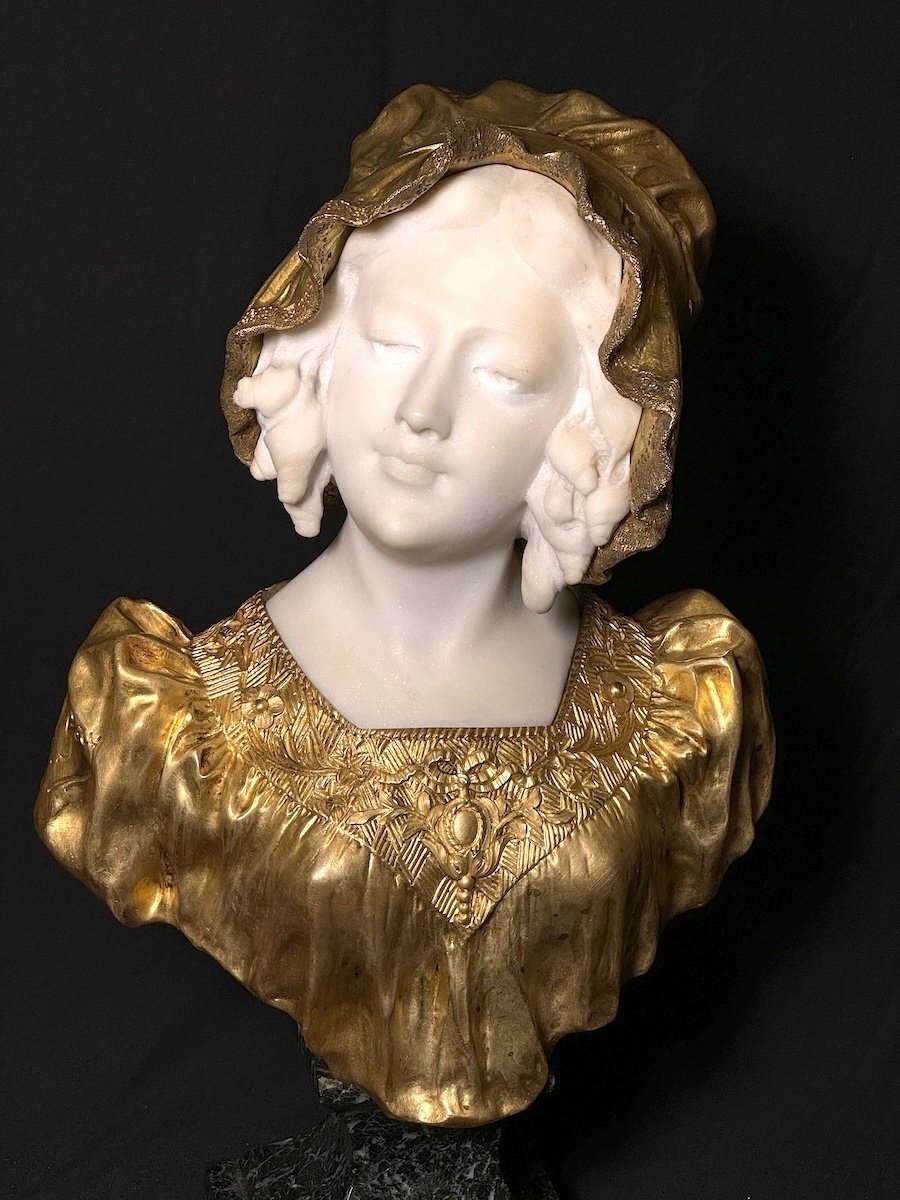 Art Deco Bust In Marble And Gilt Bronze By Affortunato Gory (italy, 1869-1925), C.1920-photo-1