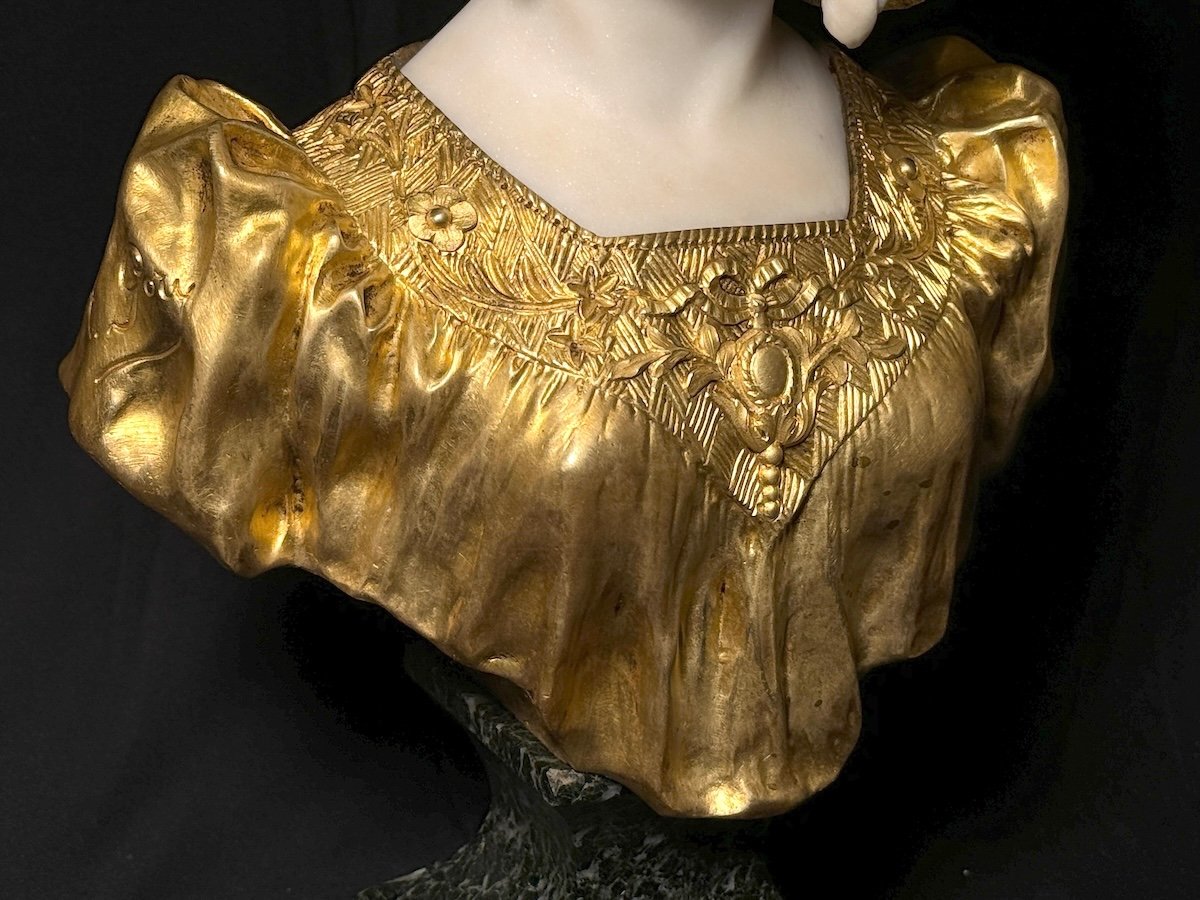 Art Deco Bust In Marble And Gilt Bronze By Affortunato Gory (italy, 1869-1925), C.1920-photo-2