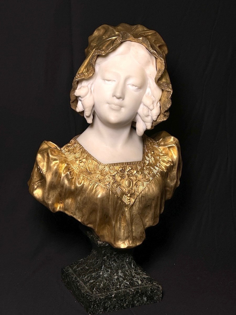 Art Deco Bust In Marble And Gilt Bronze By Affortunato Gory (italy, 1869-1925), C.1920-photo-7