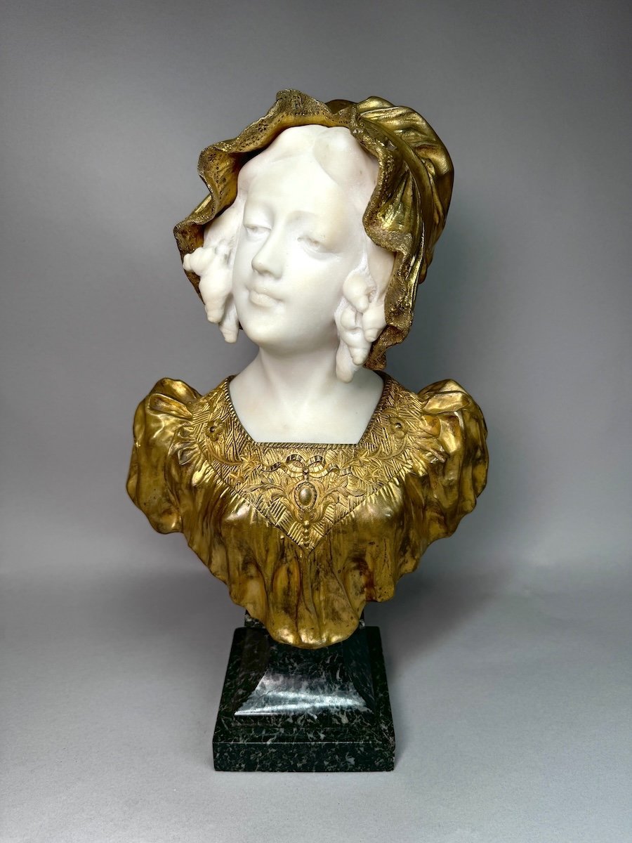 Art Deco Bust In Marble And Gilt Bronze By Affortunato Gory (italy, 1869-1925), C.1920