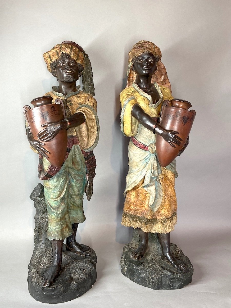 19th Century Italian Polychrome Terracotta Majolica Blackamoor Figurines-photo-8