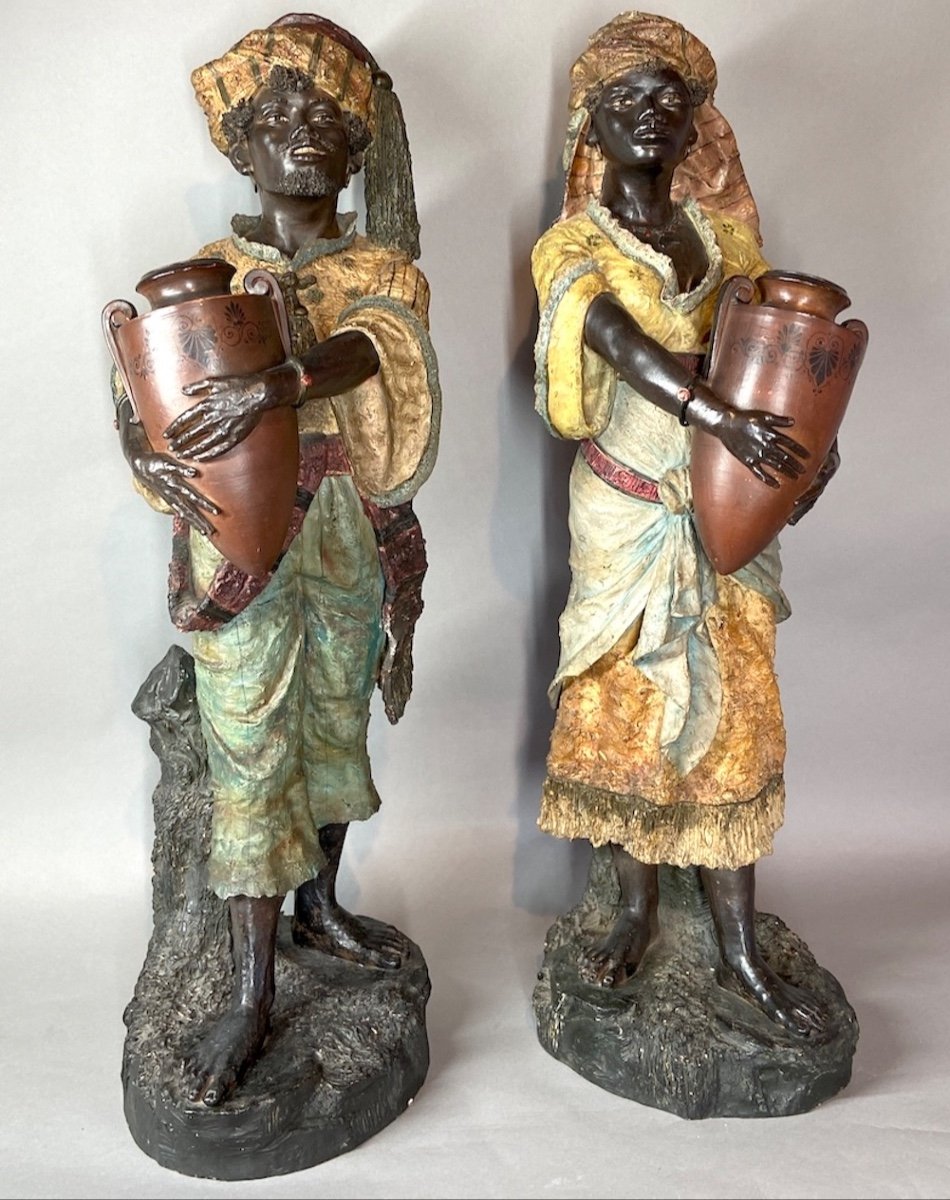 19th Century Italian Polychrome Terracotta Majolica Blackamoor Figurines