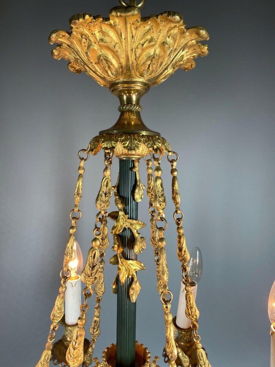 Lustre Ancien Français 1880s Louis XVI En Bronze Doré 24k Avec Bras Motif Aigle Original-photo-2