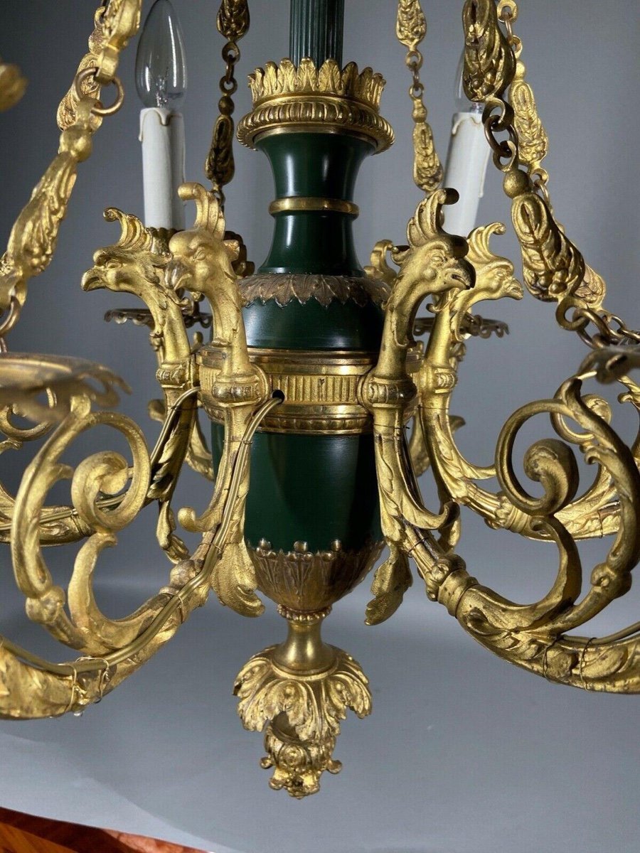 Lustre Ancien Français 1880s Louis XVI En Bronze Doré 24k Avec Bras Motif Aigle Original-photo-4