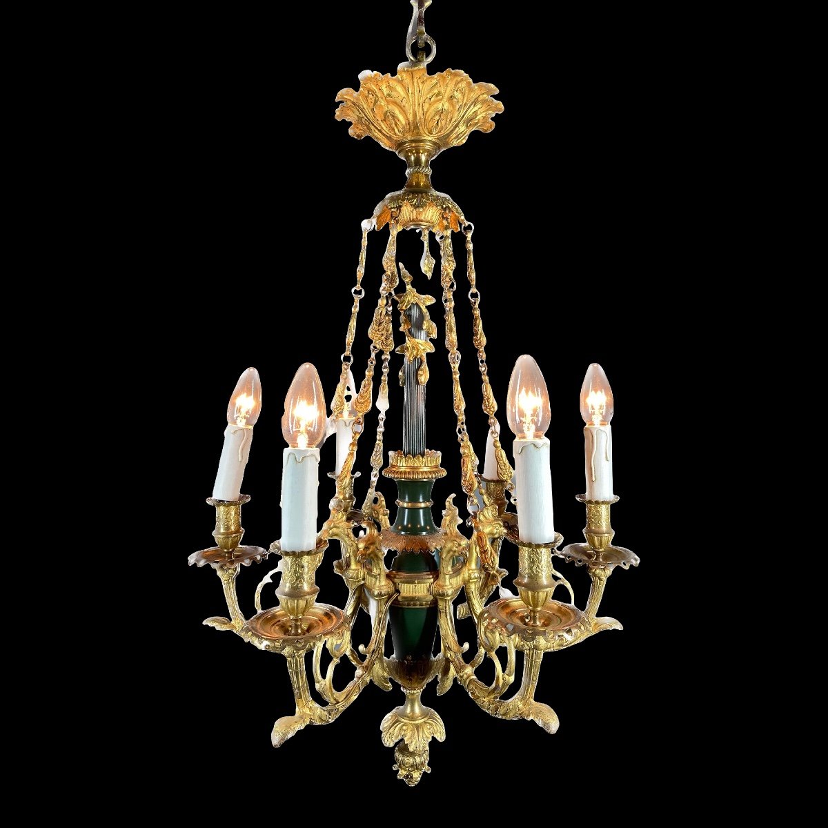 Lustre Ancien Français 1880s Louis XVI En Bronze Doré 24k Avec Bras Motif Aigle Original-photo-1