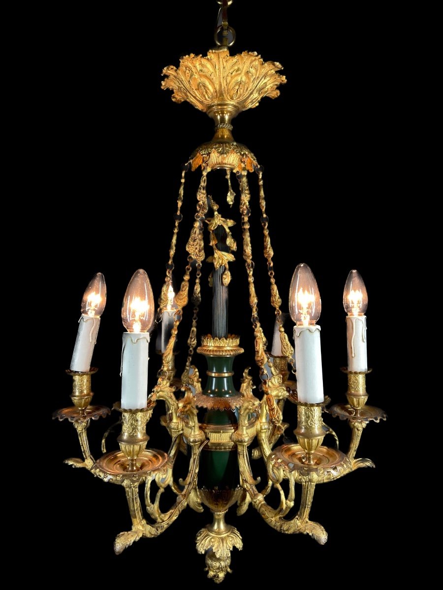 Lustre Ancien Français 1880s Louis XVI En Bronze Doré 24k Avec Bras Motif Aigle Original-photo-5