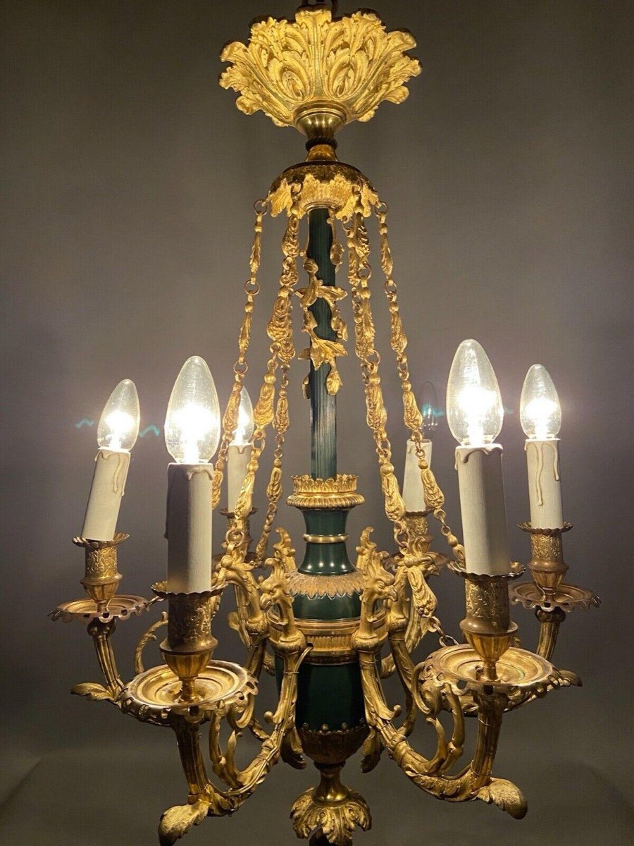 Lustre Ancien Français 1880s Louis XVI En Bronze Doré 24k Avec Bras Motif Aigle Original-photo-6