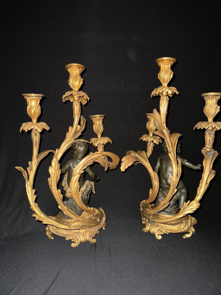 Candélabres à Trois Lumières De Style Louis XV, France, Fin 19ème Siècle, Dorés Et Patinés-photo-4