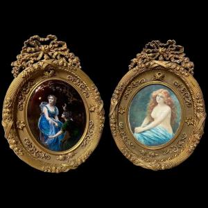 French Miniature Paintings: Edouard Bisson (1856-1939) In Gilt Bronze - A Pair