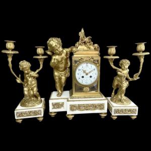 French Louis XVI Chimney Clock Set With Two Candelabras, Marble And Bronze, Circa 1900