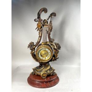 Antique Bronze Lyre Clock From The 19th Century (1840-1860) With Original Patina And Marble Base