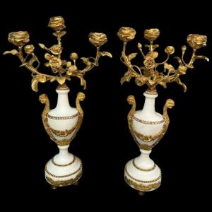 Pair Of Louis XVI Candelabra In White Marble And Bronze, 19th Century