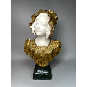 Art Deco Bust In Marble And Gilt Bronze By Affortunato Gory (italy, 1869-1925), C.1920