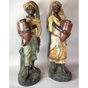 Figurines Blackamoor En Terre Cuite Polychrome Italienne Du 19ème Siècle